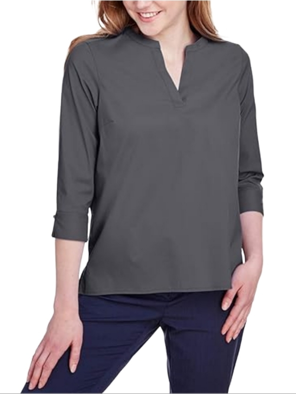 Devon & Jones Crownlux Performance Gray Split-Neck Quarter Sleeve Top Size L